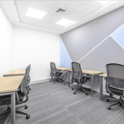 Multi-person office room with a blue and grey geometric feature wall.