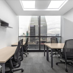 Bright office suite with multiple desks and skyline views.
