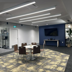 Open collaborative workspace with a round table and stylish linear pendant lighting.