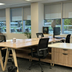 Modern office interior with L-shaped wood-finish desks and black mesh ergonomic chairs.