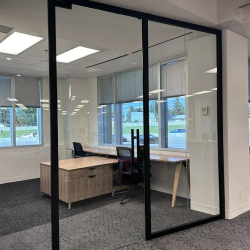 Private office suite with glass walls, a wooden desk, and views of greenery.