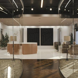 Wide lobby area showcasing a curved wooden reception desk and plush lounge chairs.