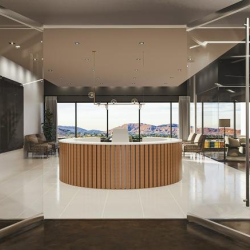 Glass entry leading to a contemporary wood-slatted reception desk with indoor plants.