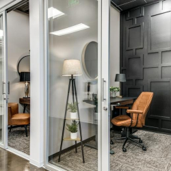 View of glass-walled private offices with distinctive black textured accent walls.