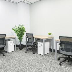 Bright internal workspace with three desks, mesh chairs, and white storage pedestals.
