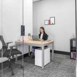Professional glass-walled office suite with a woman working at a wooden desk.