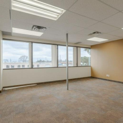 Empty carpeted office with neutral walls and a wide window.