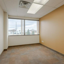 Private office with a beige accent wall and natural light.