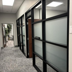 Office corridor with glass-partitioned walls and a view into a bright workspace.