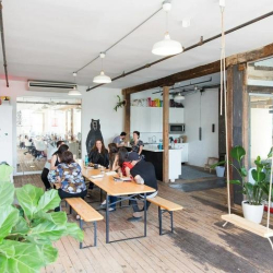 Trendy communal area with a long wooden table, indoor plants, and a decorative swing.