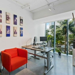 Low-angle view of the glass building exterior surrounded by palm trees.