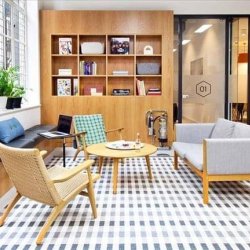 Stylish lounge area with a patterned rug, comfortable sofas, and wooden display shelving.