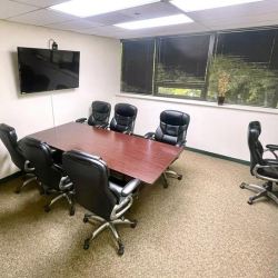 Meeting room with wooden table and black leather chairs at 10015 Old Columbia Rd, Suite B215, Columbia.