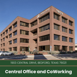 Small meeting room with white table and black leather chairs, 1903 Central Drive, Bedford, Texas.
