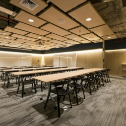 Professional training room with rows of tables and black chairs, Avenida Manuel Olguín 327, Lima, Peru.