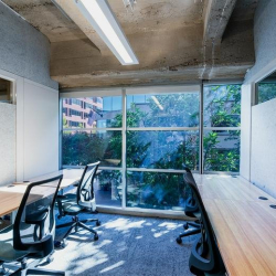 Private two-person office with large windows and lush greenery outside.