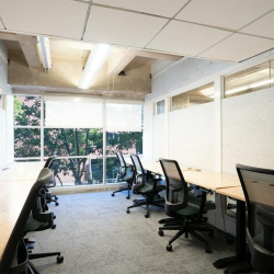 Large coworking floor with rows of desks and views into glass-walled offices.