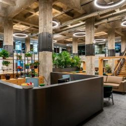 Modern lobby area featuring a sleek reception desk and tiered wooden seating.