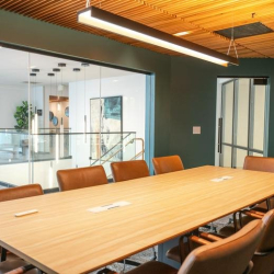 Modern meeting room at 2551 San Ramon Valley Boulevard, California with a long wooden table and leather chairs.
