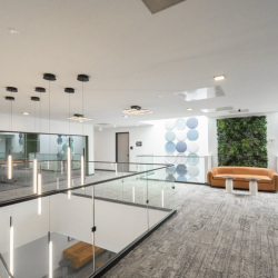 Bright upstairs landing with a lush green feature wall and contemporary furniture.