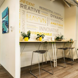 High-top work counter set against a feature wall with inspirational words.