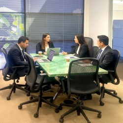 Business professionals collaborating in a modern glass-walled conference room, Marina Del Rey, California.