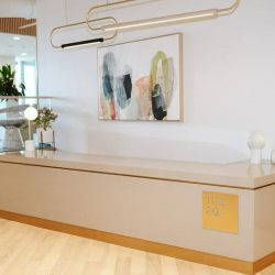 Minimalist reception desk with abstract painting and modern lighting.