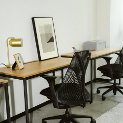 Shared office desks with black ergonomic chairs and gold lamps.