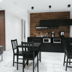 Contemporary breakroom and kitchenette with dark cabinetry and a wooden accent wall.