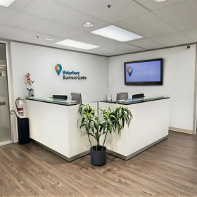 Bright reception desk with a potted plant and digital signage.. Click for details.