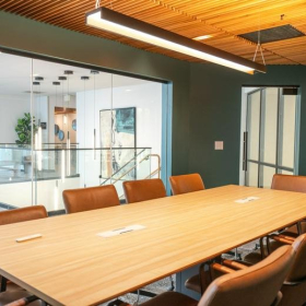 Modern meeting room at 2551 San Ramon Valley Boulevard, California with a long wooden table and leather chairs.. Click for details.