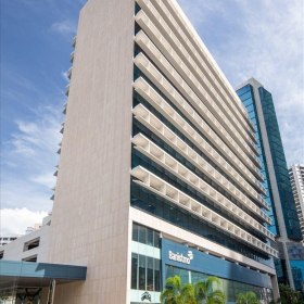 Exterior view of the modern, high-rise Banistmo Tower with a light stone facade.. Click for details.
